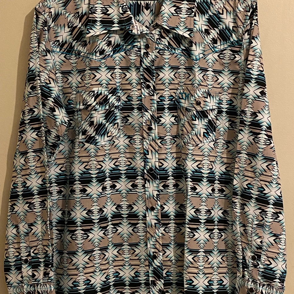 Cowgirl Hardware Women’s Aztec Print Snap-Up Shirt - Blue, Black, Cream